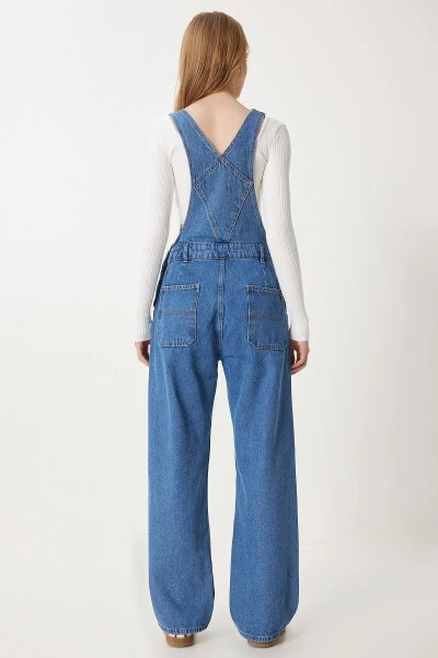 Women's Blue Wide Leg Pocket Denim Dungarees RI00002 - 5