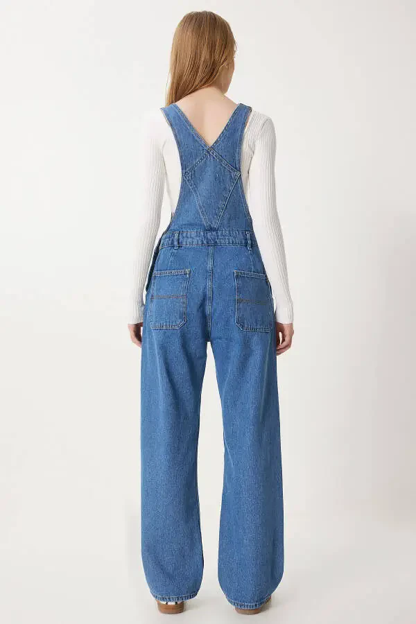Women's Blue Wide Leg Pocket Denim Dungarees RI00002 - 5