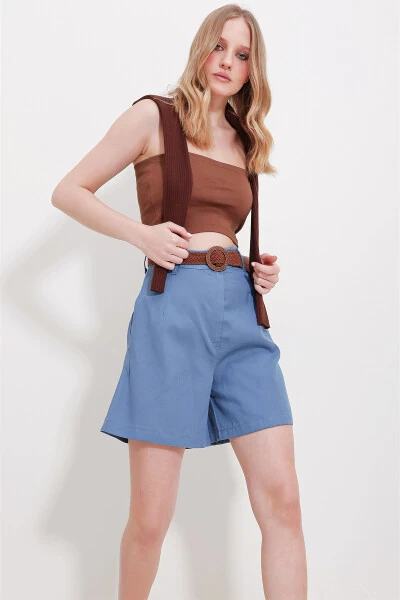 Women's Blue Woven Straw Belt Gabardine Shorts ALC-X10271 - TREND ALAÇATI STILI (1)