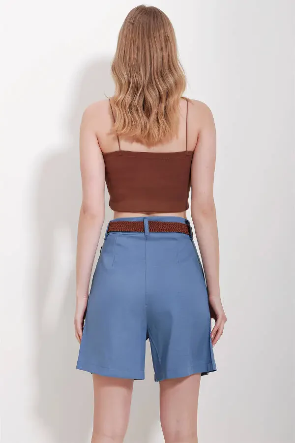 Women's Blue Woven Straw Belt Gabardine Shorts ALC-X10271 - 4