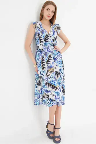 Women's Blue Wrap V-Neck Ruffle Detail Shoulder Elastic Waist Midi Dress ARM-24Y001020-Blue - Modazone (1)