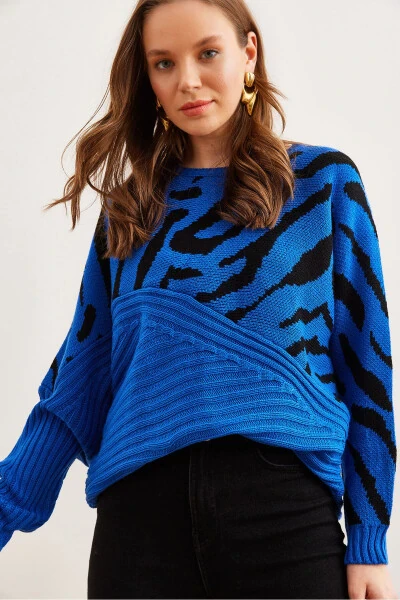 Women's Blue Zebra Detailed Knitted Cardigan KZK-19000819 - OLALOOK