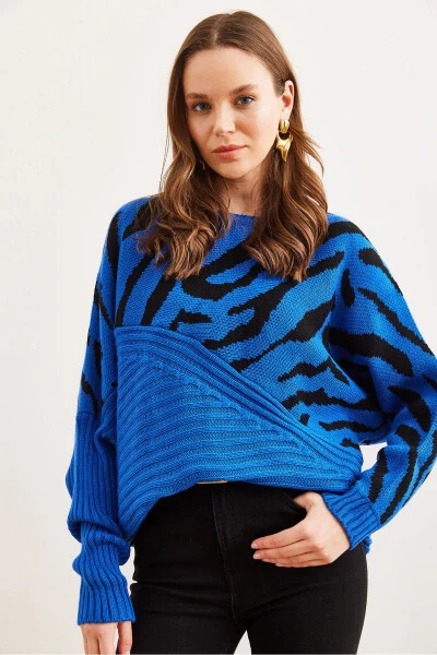 Women's Blue Zebra Detailed Knitted Cardigan KZK-19000819 - OLALOOK (1)
