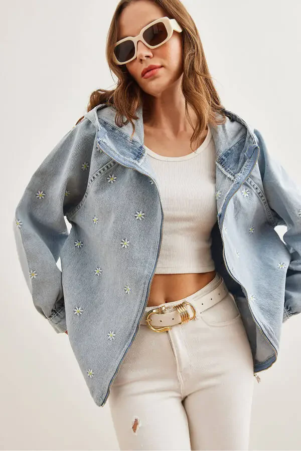 Women's Blue Zippered Hooded Embroidered Denim Jacket CKT-19000380 - 2