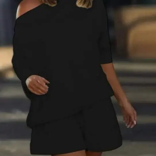 Women's Boat Neck Oversize Two Thread Blouse and Shorts Set - 2