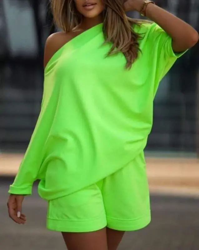 Women's Boat Neck Oversized Two Thread Blouse and Shorts Set - BÜYÜKBEDENIZ