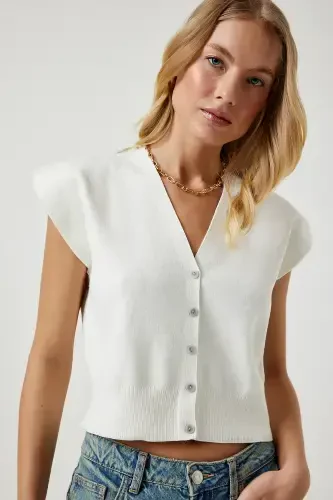 Women's Bone Buttoned Short Knitted Vest YY00206-Bone - 1