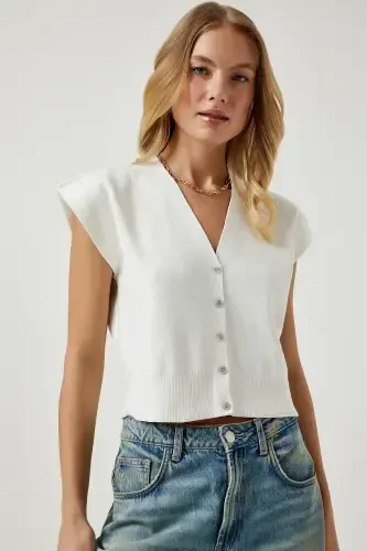 Women's Bone Buttoned Short Knitted Vest YY00206-Bone - 2