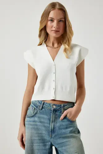 Women's Bone Buttoned Short Knitted Vest YY00206-Bone - 3