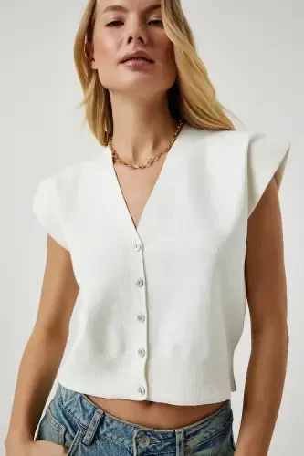 Women's Bone Buttoned Short Knitted Vest YY00206-Bone - 4