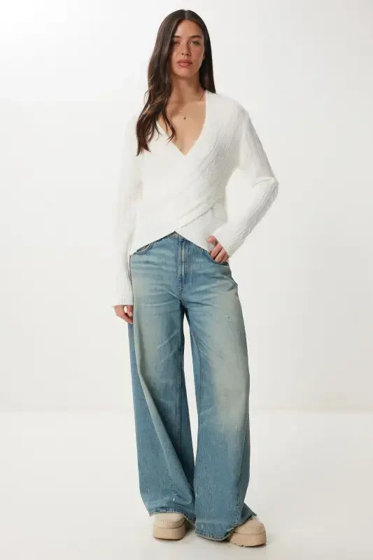 Women's Bone Envelope Neck Seasonal Knit Sweater PF00070 - 3