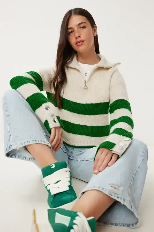 Women's Bone Green Zippered Turtleneck Striped Knit Sweater LX00042-Bone Green - 1