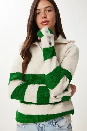 Women's Bone Green Zippered Turtleneck Striped Knit Sweater LX00042-Bone Green - HAPPINESS İSTANBUL (1)