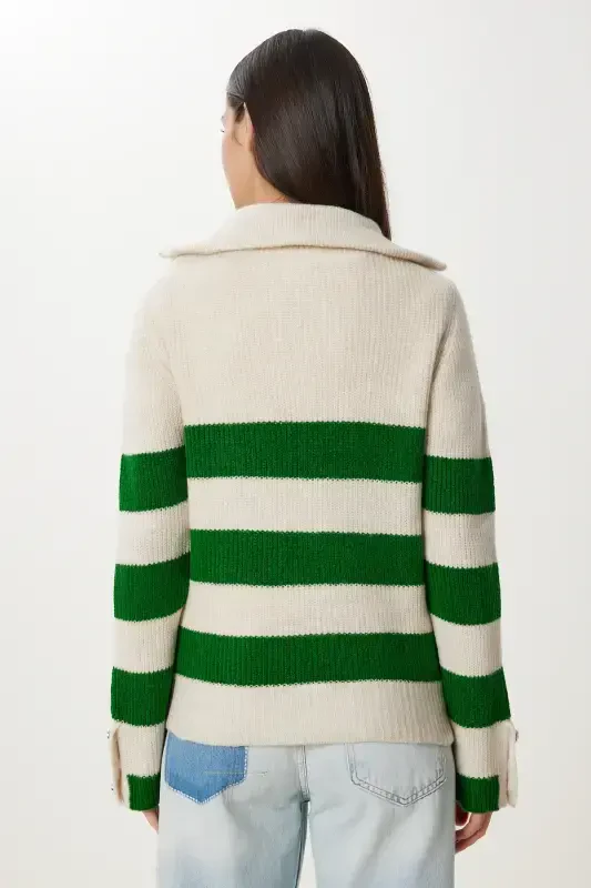 Women's Bone Green Zippered Turtleneck Striped Knit Sweater LX00042-Bone Green - 4