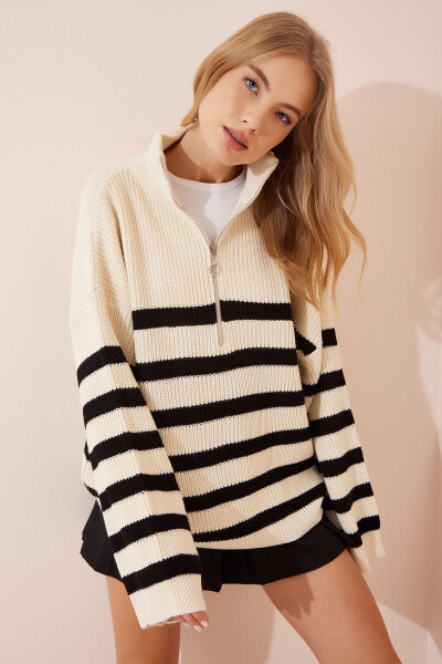 Women's Bone Zippered Stand-Up Collar Striped Oversize Sweater YY00100 - HAPPINESS İSTANBUL (1)