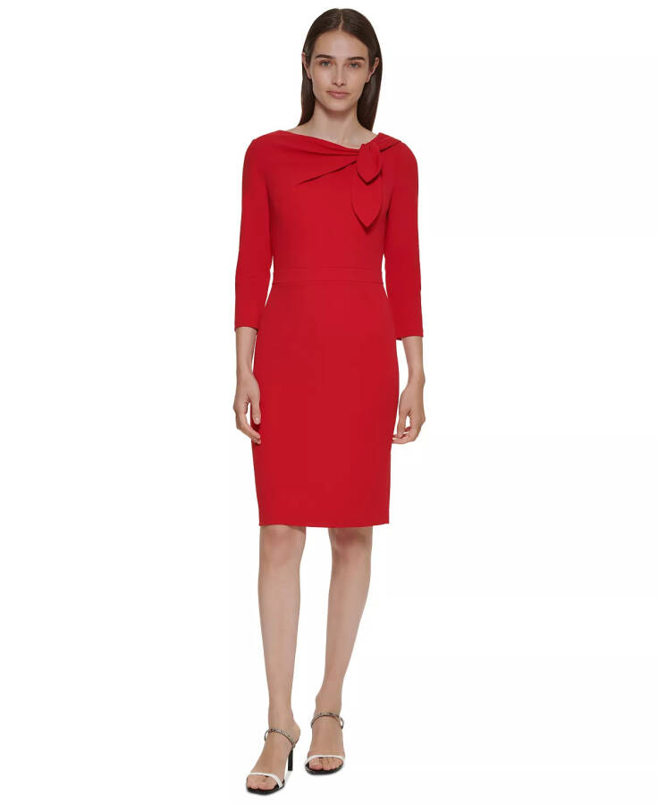 Women's Bow-Neck 3/4-Sleeve Sheath Dress Red - 1