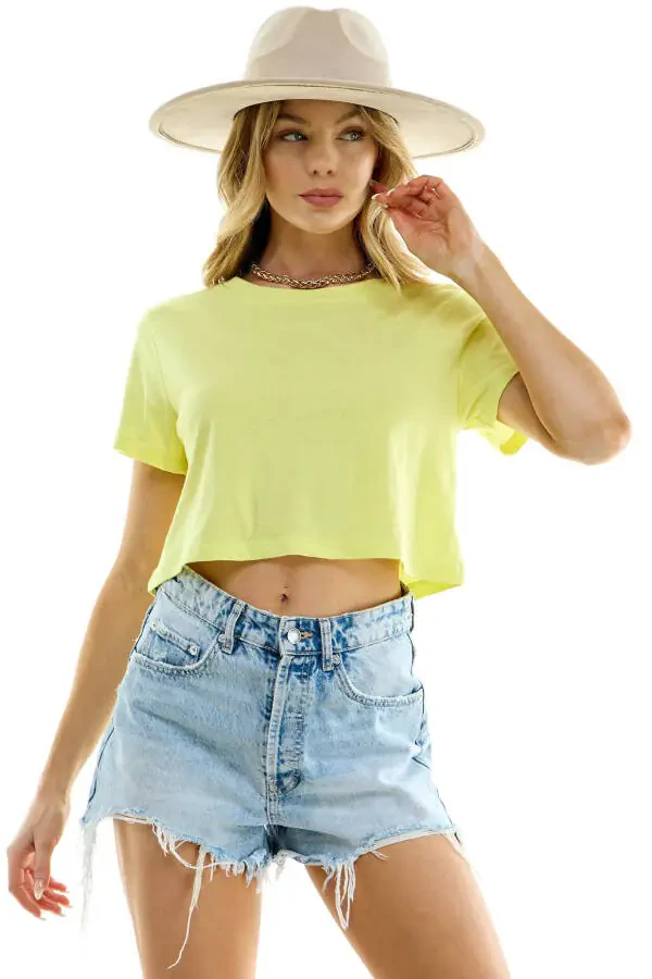 Women's Boxy Crop Top Round Neck Short Sleeve Casual 100% Cotton Cropped Tee T-Shirt, Canary Yellow, Medium - 1