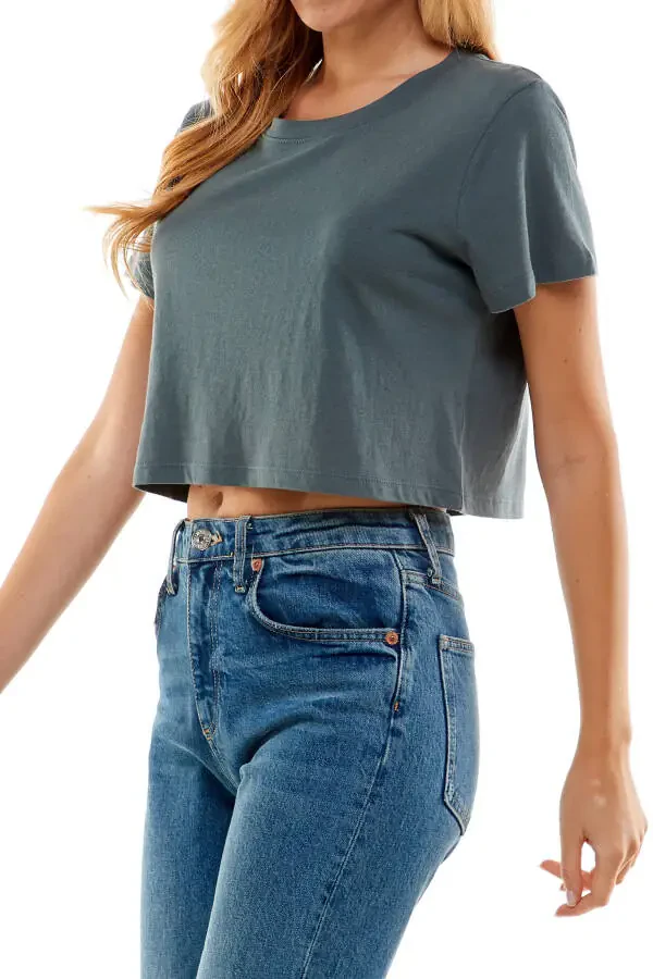 Women's Boxy Crop Top Round Neck Short Sleeve Casual 100% Cotton Cropped Tee T-Shirt, Dark Gray, Medium - 2