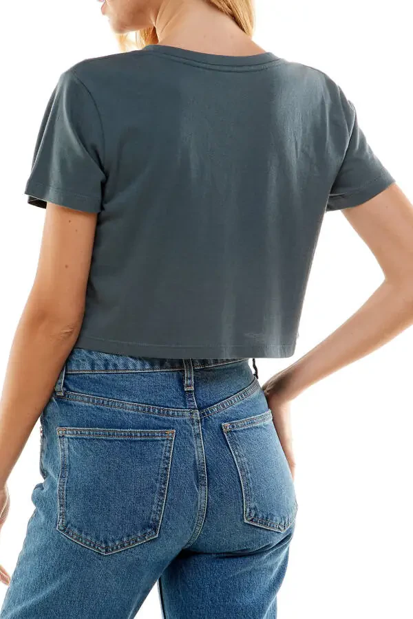 Women's Boxy Crop Top Round Neck Short Sleeve Casual 100% Cotton Cropped Tee T-Shirt, Dark Gray, Medium - 3