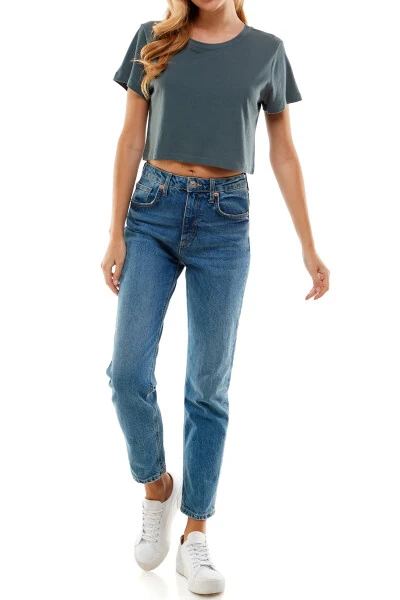 Women's Boxy Crop Top Round Neck Short Sleeve Casual 100% Cotton Cropped Tee T-Shirt, Dark Gray, Medium - 8