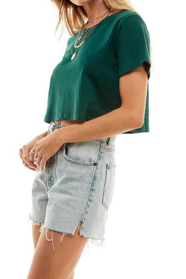 Women's Boxy Crop Top Round Neck Short Sleeve Casual 100% Cotton Cropped Tee T-Shirt, Dark Green, Large - 3