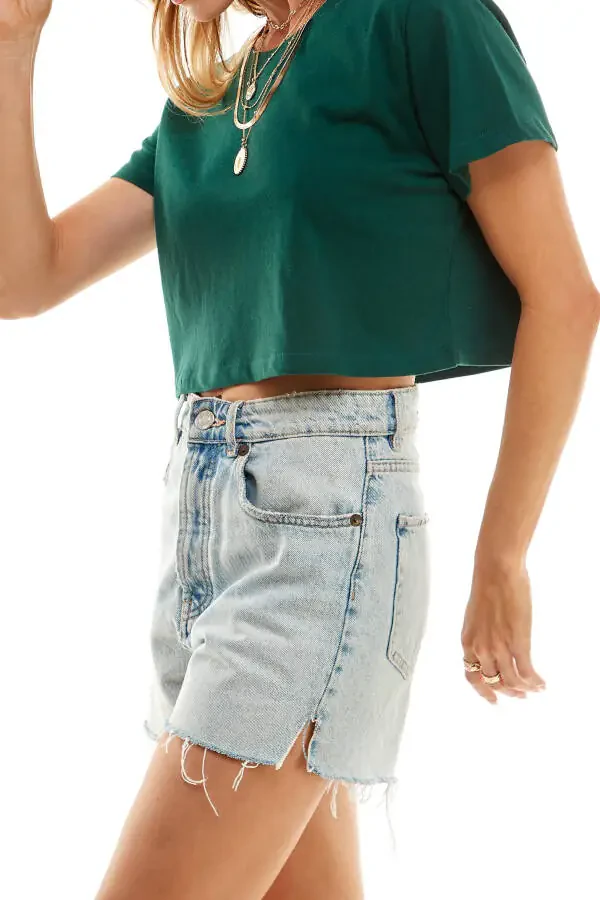 Women's Boxy Crop Top Round Neck Short Sleeve Casual 100% Cotton Cropped Tee T-Shirt, Dark Green, Large - 4