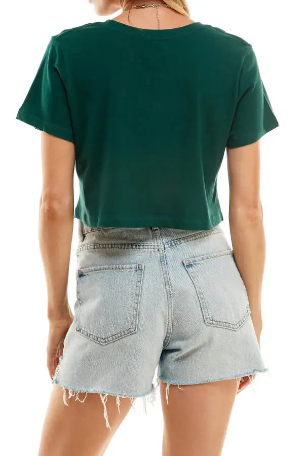 Women's Boxy Crop Top Round Neck Short Sleeve Casual 100% Cotton Cropped Tee T-Shirt, Dark Green, Large - 5