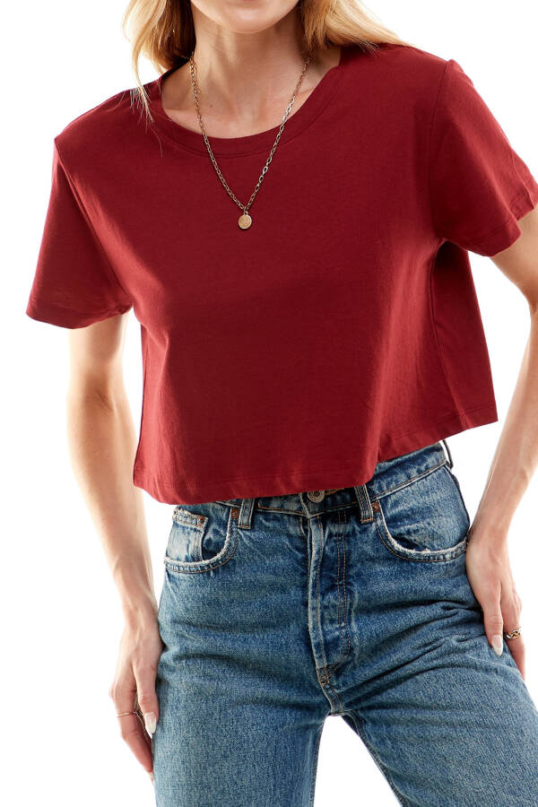Women's Boxy Crop Top Round Neck Short Sleeve Casual 100% Cotton Cropped Tee T-Shirt (X-Large, Burgundy) - 1