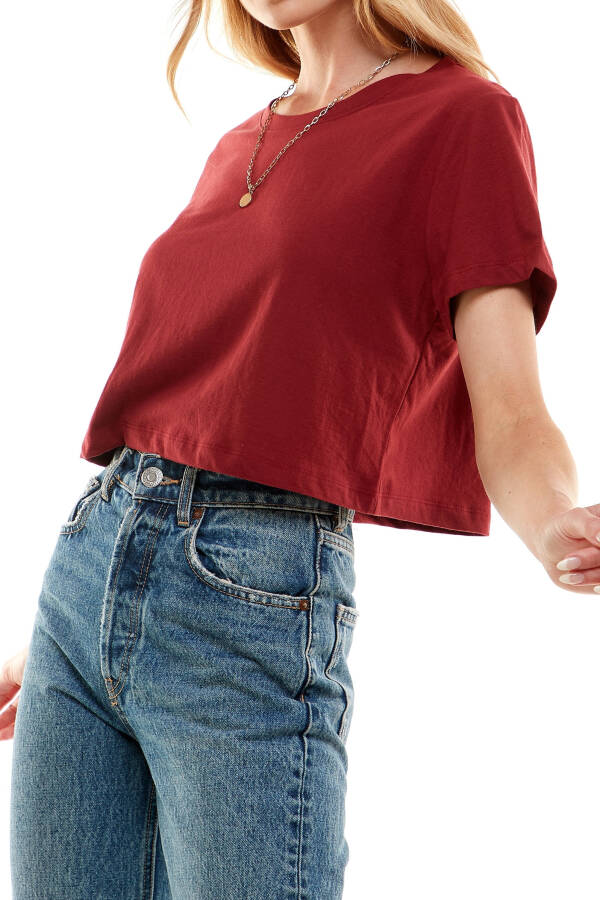 Women's Boxy Crop Top Round Neck Short Sleeve Casual 100% Cotton Cropped Tee T-Shirt (X-Large, Burgundy) - 3