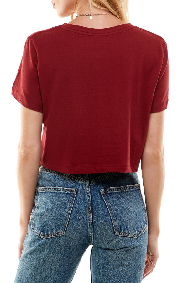 Women's Boxy Crop Top Round Neck Short Sleeve Casual 100% Cotton Cropped Tee T-Shirt (X-Large, Burgundy) - 5