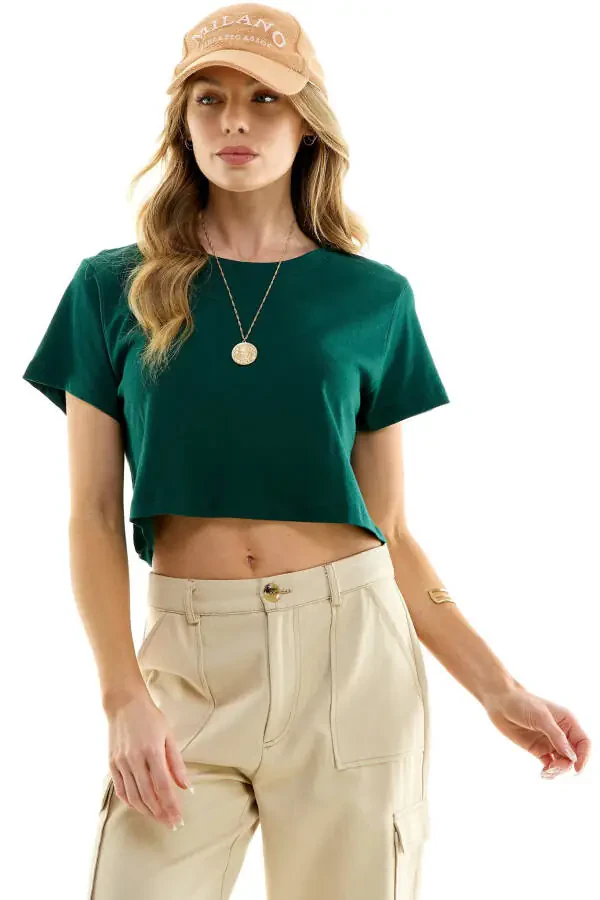 Women's Boxy Crop Top Round Neck Short Sleeve Casual 100% Cotton Cropped Tee T-Shirt,ModazoneGreen, Small - 1