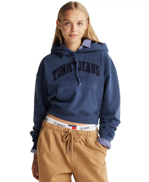 Women's Boxy Cropped Garment Dyed Varsity Hoodie DARK NIGHT NAVY - 1