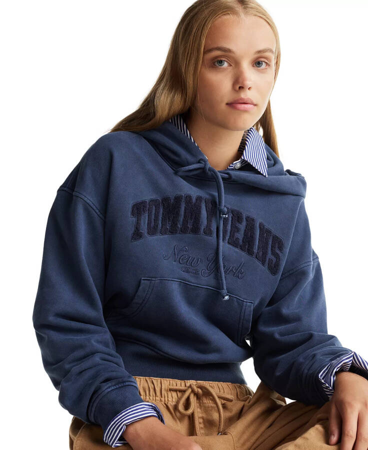 Women's Boxy Cropped Garment Dyed Varsity Hoodie DARK NIGHT NAVY - 3