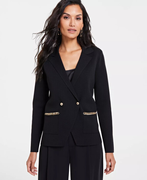 Women's Braid-Trim Notch-Collar Sweater Blazer, Created for Modazone Deep Black - 1