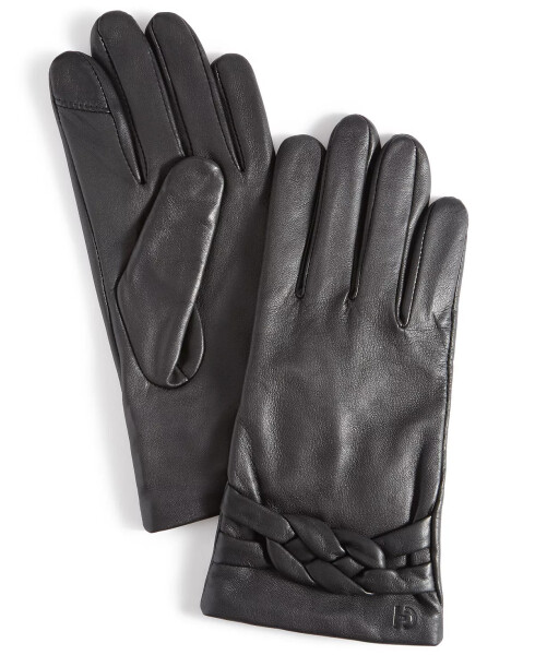 Women's Braided-Cuff Leather Gloves Black - 1