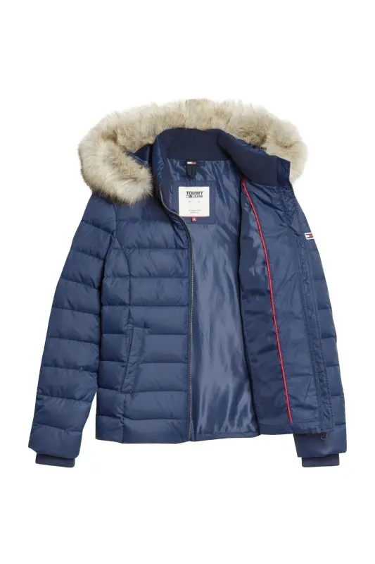 Women's Brand Flag Logo Fixed Hood Quilted Padded Navy Blue Jacket Dw0dw08588-c87 - 2