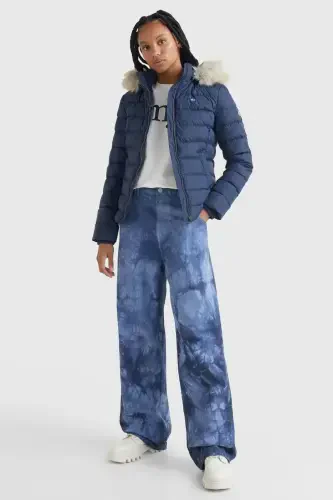 Women's Brand Flag Logo Fixed Hood Quilted Padded Navy Blue Jacket Dw0dw08588-c87 - 4