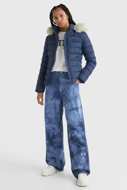 Women's Brand Flag Logo Fixed Hood Quilted Padded Navy Blue Jacket Dw0dw08588-c87 - 4