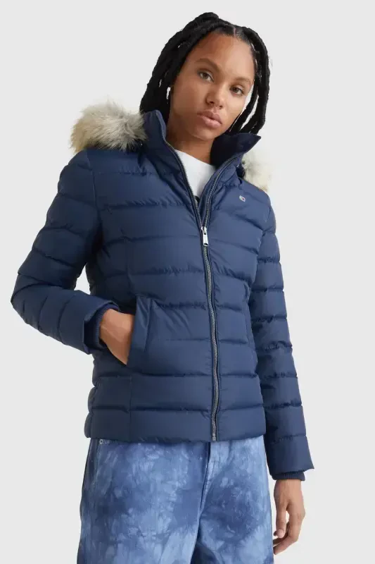 Women's Brand Flag Logo Fixed Hood Quilted Padded Navy Blue Jacket Dw0dw08588-c87 - 5