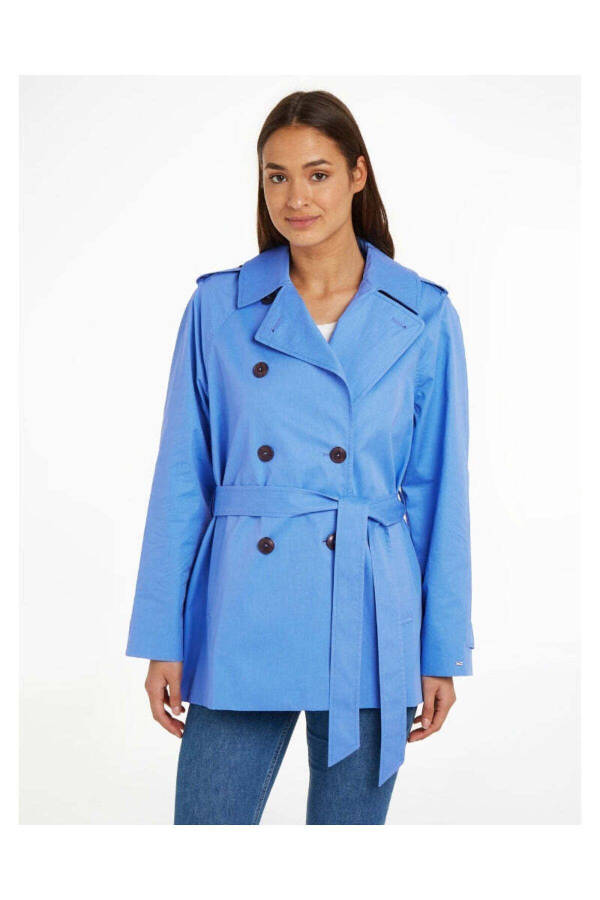 Women's Branded Logo Detail Regular Fit Long Sleeve Blue Trench Coat WW0WW40481-C30 - 1