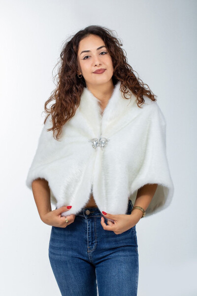 Women's Bridal and Evening White Brooch Fur Stole Bolero - 1