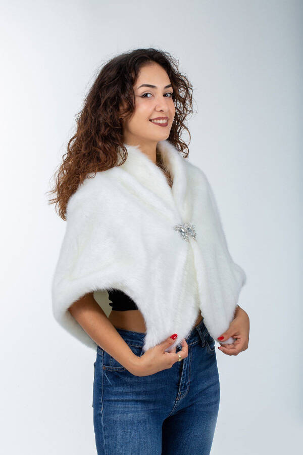 Women's Bridal and Evening White Brooch Fur Stole Bolero - 3