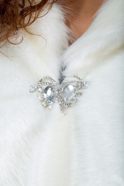 Women's Bridal and Evening White Brooch Fur Stole Bolero - 5