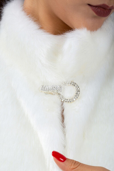 Women's Bridal and Evening White Half-Sleeve Brooch Fur Stole Bolero - 11