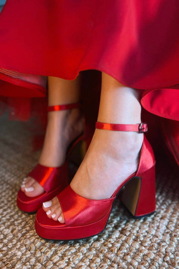 Women's Bride Wedding Bridal Shoes Satin Red Platform Single Band High Heel Shoes - 10