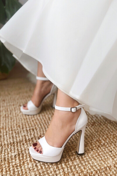 Women's Bride Wedding Shoes Matte Leather Platform Single Strap Open Toe High Heel Shoes - 1