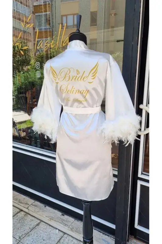 Women's Bride White Mini Sash Stylish Stone Bride Robe - 2
