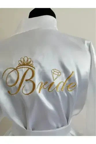 Women's Bride White Mini Sash Stylish Stone Bride Robe - 1