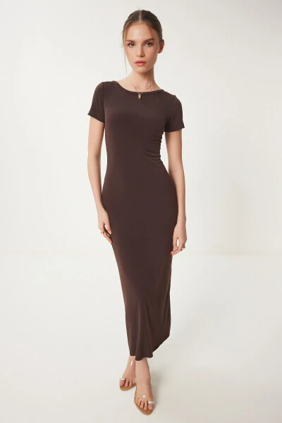 Women's Brown Backless Long Sandy Knit Dress DZ00115 - HAPPINESS İSTANBUL