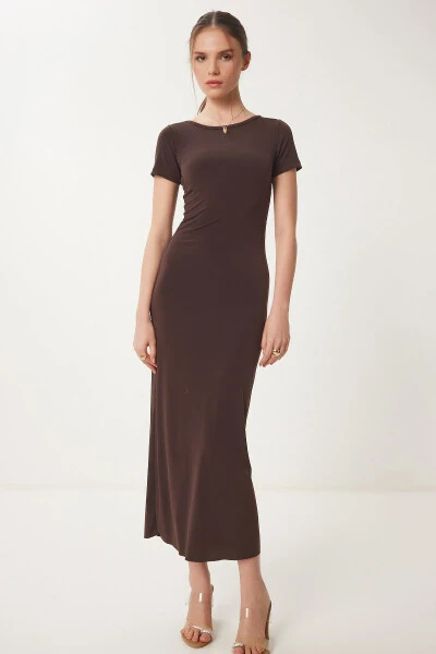 Women's Brown Backless Long Sandy Knit Dress DZ00115 - HAPPINESS İSTANBUL (1)